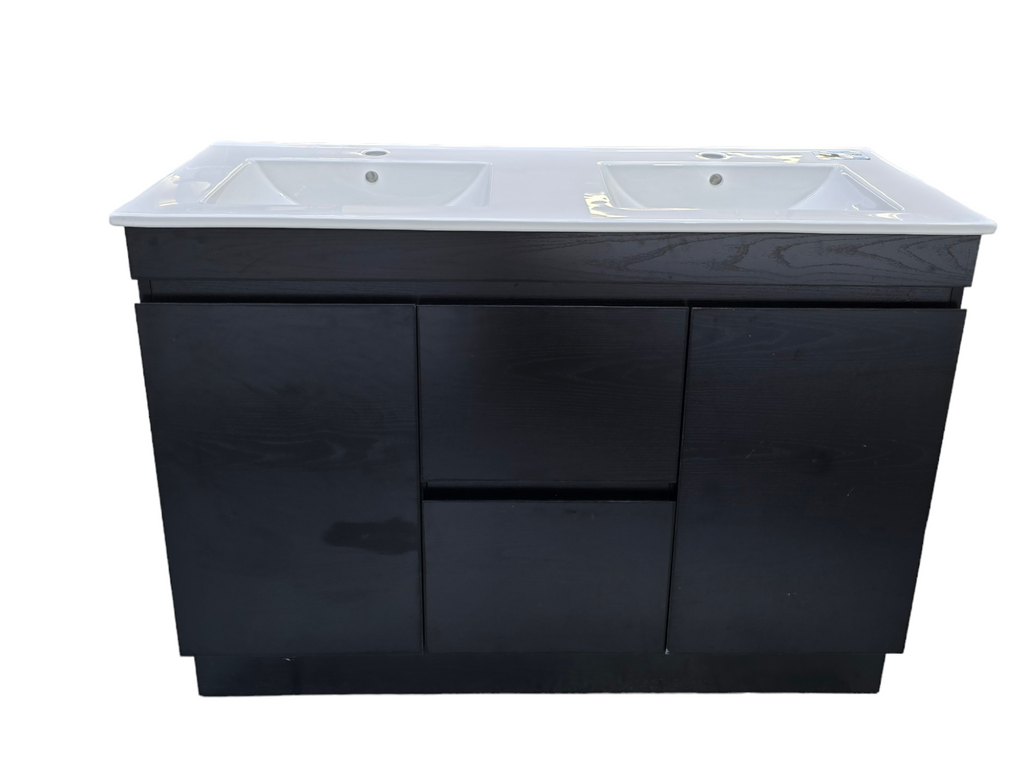 PLYWOOD 1200 FLOOR STANDING DARK OAK VANITY 2 DRAWERS 2 DOORS WITH DOUBLE CERAMIC TOP