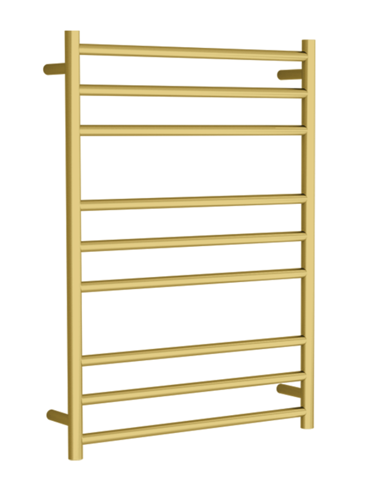 9 BARS 600mm HEATED TOWEL RAIL BRUSHED GOLD ROUND