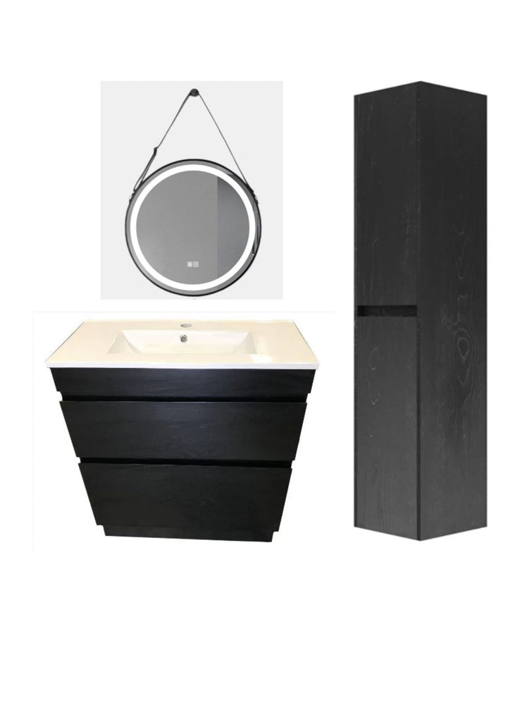 Plywood 900 Vanity Combo Dark Oak with Tall Cabinet and Framed led Mirror