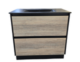 PLYWOOD 900 FLOOR STANDING VANITY BLACK LIGHT OAK WITH BLACK CERAMIC TOP