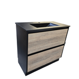 PLYWOOD 900 FLOOR STANDING VANITY BLACK LIGHT OAK WITH BLACK CERAMIC TOP
