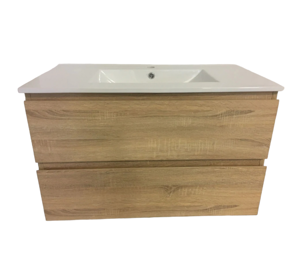 PLYWOOD 750 WALL HUNG VANITY - LIGHT OAK WITH CERAMIC TOP