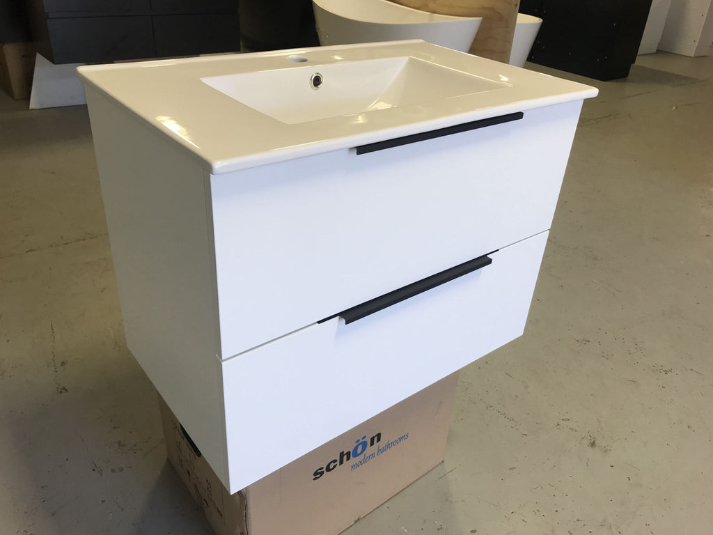Plywood WHITE GLOSS WALLHUNG 600mmx460mm  2 drawers with with Ceramic top - Bathroom Clearance