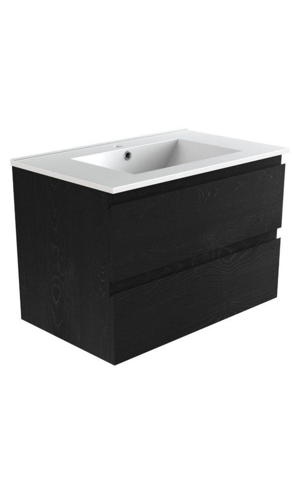 PLYWOOD 600 WALL HUNG VANITY - DARK OAK WITH CERAMIC TOP