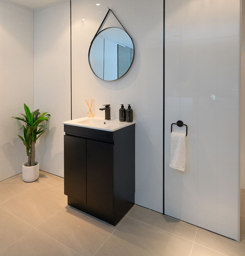 PLYWOOD 600 DARK OAK FLOOR STANDING VANITY (2-DOOR) WITH CERAMIC TOP - Bathroom Clearance