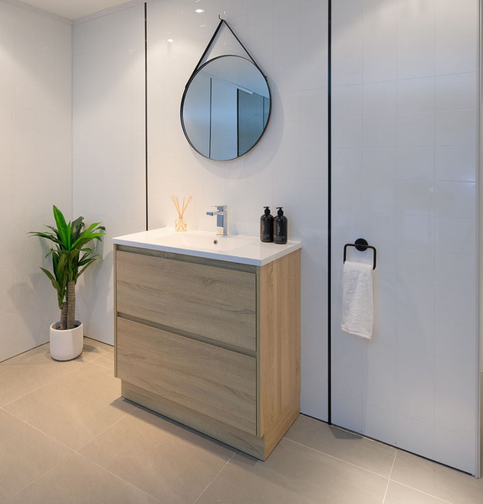 PLYWOOD 600 LIGHT OAK VANITY WITH CERAMIC TOP - Bathroom Clearance