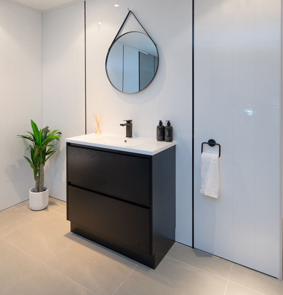 PLYWOOD 900 FLOOR STANDING DARK OAK VANITY WITH CERAMIC TOP - Bathroom Clearance