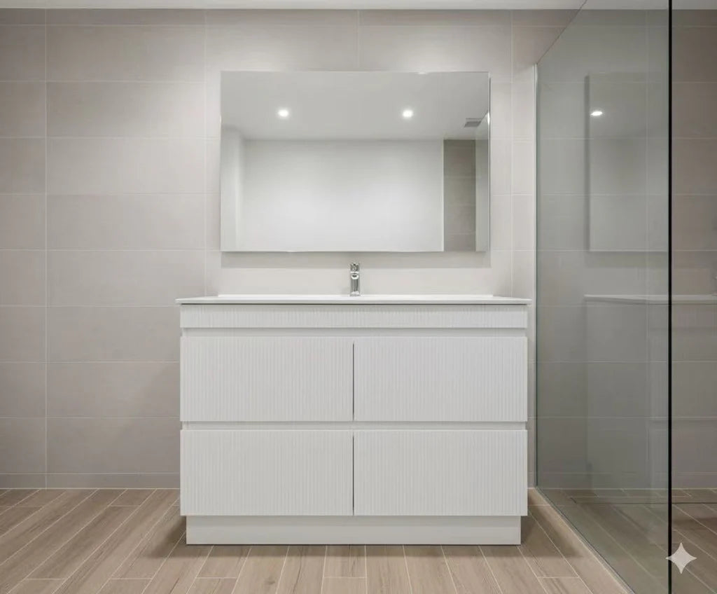 PLYWOOD 1500 MATTE WHITE FLUTED VANITY WITH WHITE GLOSS CERAMIC TOP