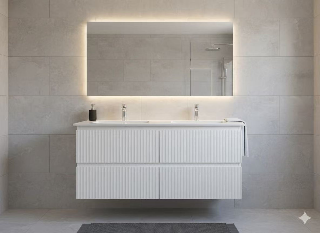 PLYWOOD 1200 MATTE WHITE FLUTED VANITY WALLHUNG WITH DBL CERAMIC TOP