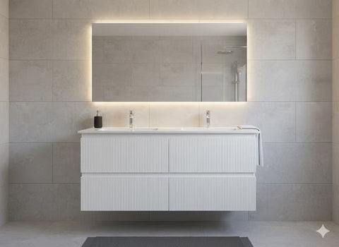 PLYWOOD 1200 MATTE WHITE FLUTED VANITY WALLHUNG WITH DBL CERAMIC TOP