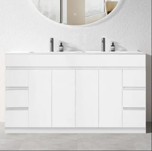 PLYWOOD 1500X460X850MM PLYWOOD FLOOR STANDING VANITY - GLOSS WHITE WITH DOUBLE CERAMIC TOP