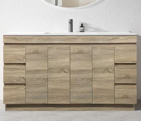 PLYWOOD 1500X460X850MM PLYWOOD FLOOR STANDING VANITY - LIGHT OAK WITH SINGLE CERAMIC TOP