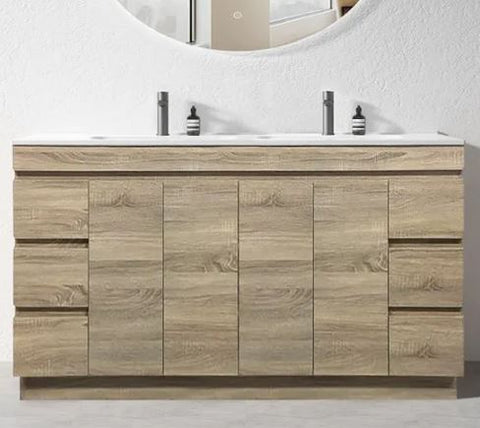 PLYWOOD 1500X460X850MM PLYWOOD FLOOR STANDING VANITY - LIGHT OAK WITH DOUBLE CERAMIC TOP