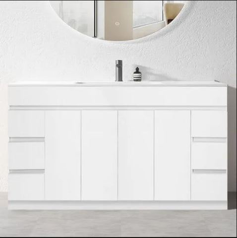 PLYWOOD 1500X460X850MM PLYWOOD FLOOR STANDING VANITY - GLOSS WHITE WITH CERAMICTOP