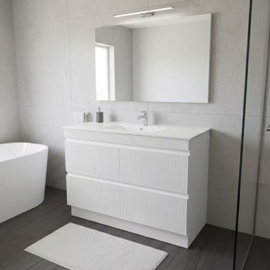 PLYWOOD 1200 MATTE WHITE FLUTED VANITY WITH WHITE GLOSS CERAMIC TOP