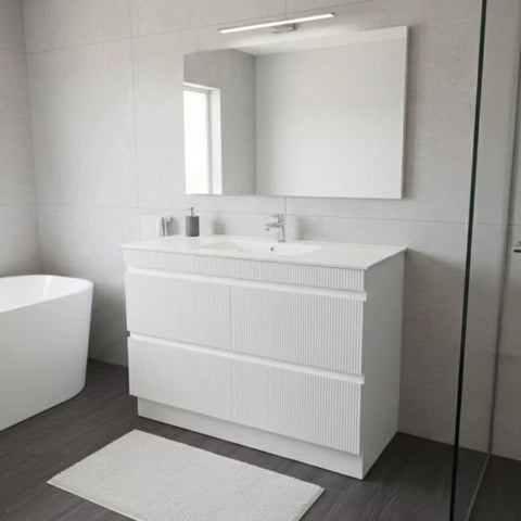 PLYWOOD 1200 MATTE WHITE FLUTED VANITY WITH WHITE GLOSS CERAMIC TOP