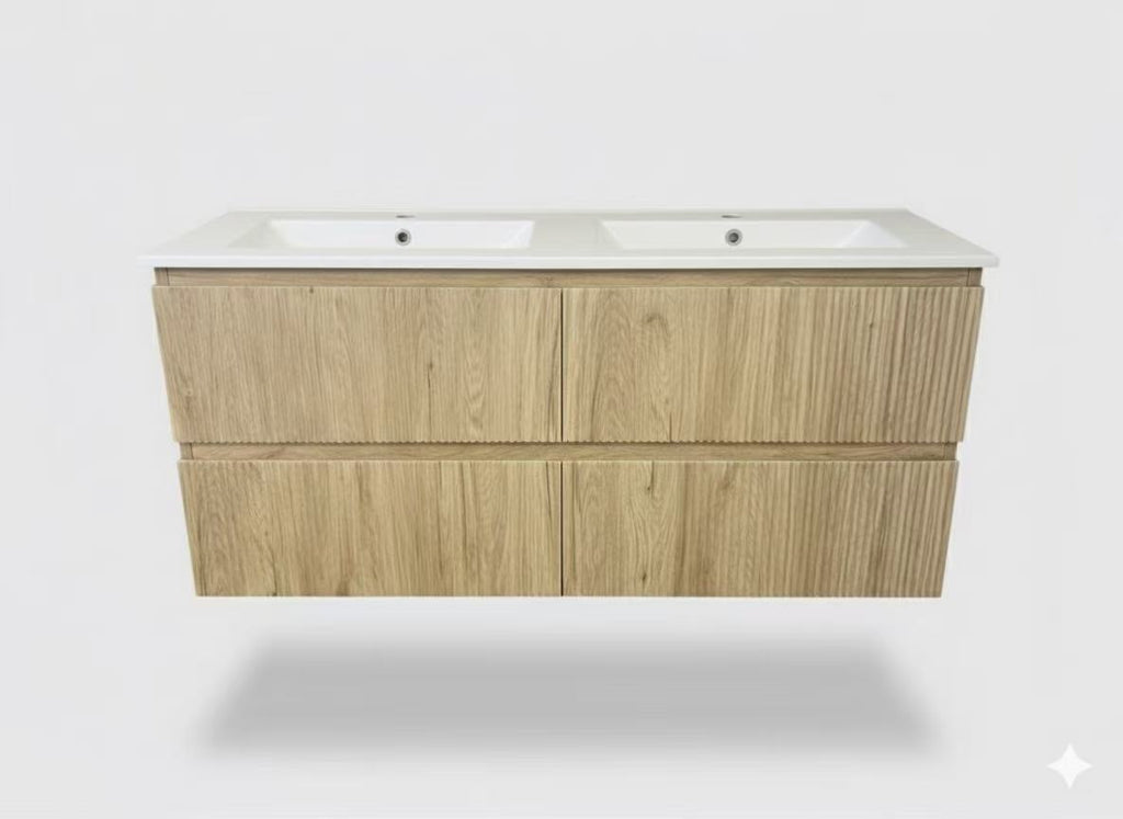 Lorenzo walnut Fluted 1200 double vanity bathroom clearance