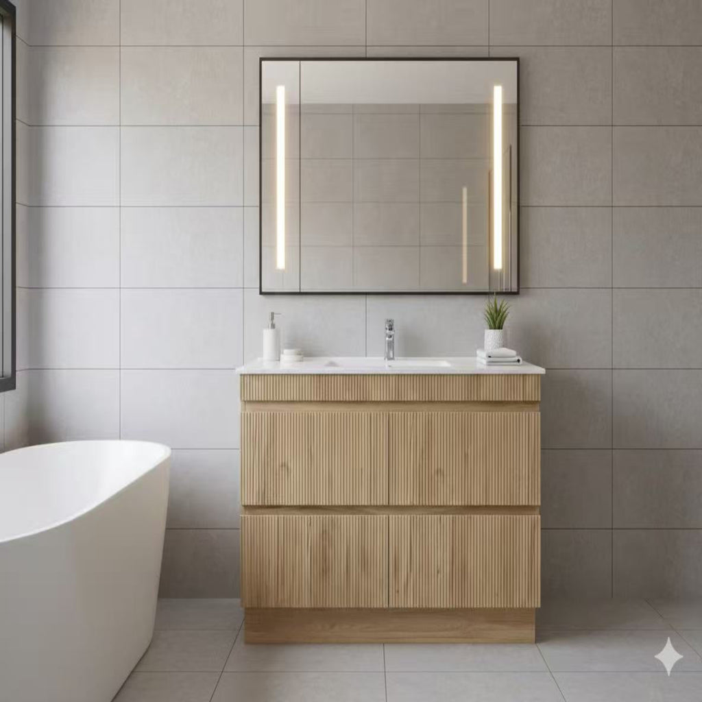 PLYWOOD 1200 OAK FLUTED VANITY WITH WHITE GLOSS CERAMIC TOP