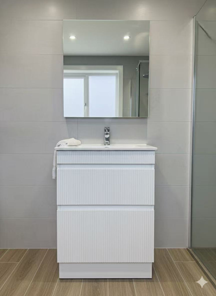 PLYWOOD SLIM 600 MATTE WHITE FLUTED VANITY WITH CERAMIC TOP