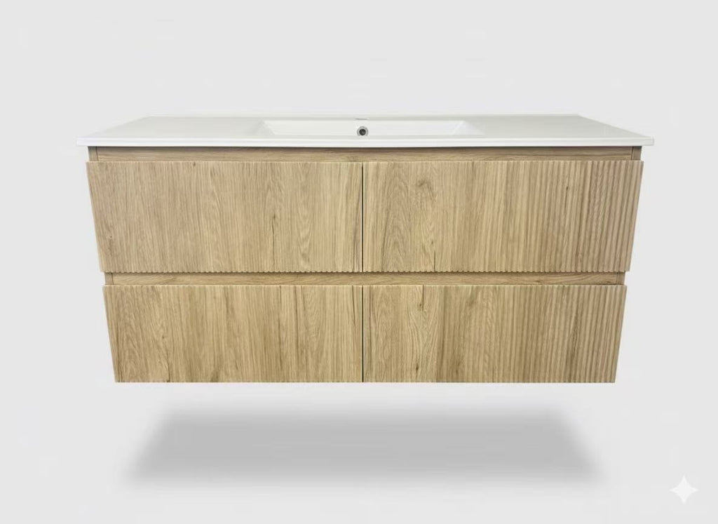 PLYWOOD 1500 WALLNUT FLUTED VANITY WALLHUNG WITH CERAMIC TOP