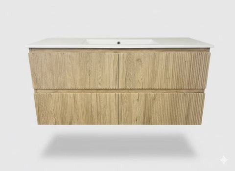 PLYWOOD 1200 WALLNUT FLUTED VANITY WALLHUNG WITH CERAMIC TOP