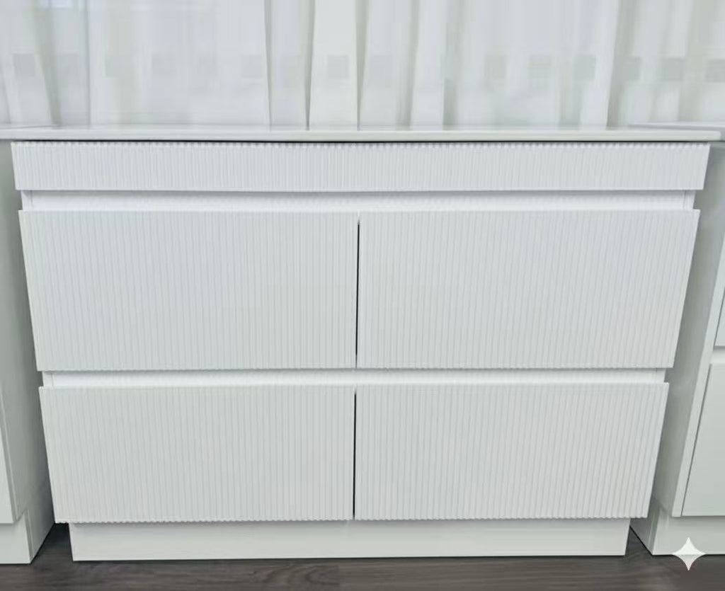PLYWOOD 1200 MATTE WHITE FLUTED VANITY WITH WHITE GLOSS CERAMIC TOP