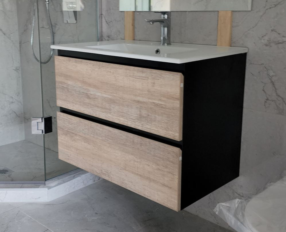 Plywood black and LIGHT OAK 750 WALLHUNG vanity with ceramic top