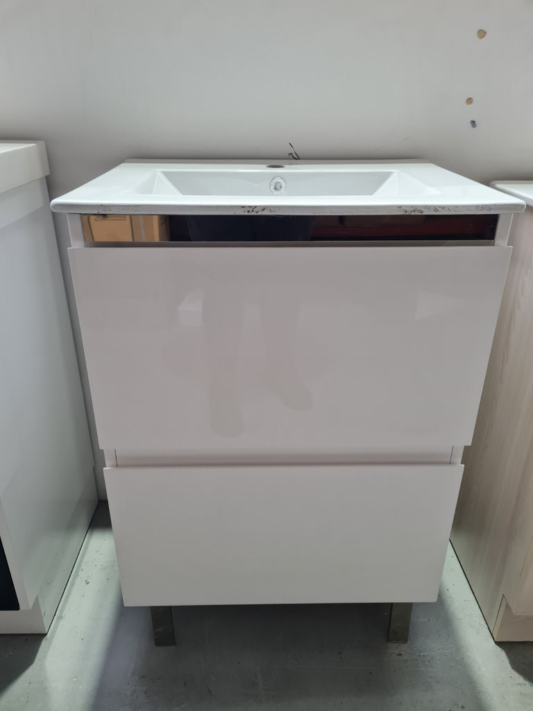 MDF 600 FLOORSTANDING VANITY GLOSS WHITE 2 DRAWERS WITH CERAMIC TOP