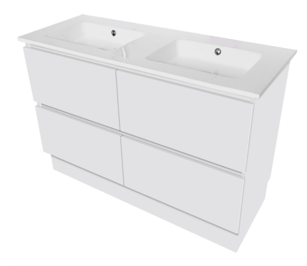 PLYWOOD 1200 FLOOR STANDING MATTEWHITE VANITY WITH DOUBLE BASIN CERAMIC TOP