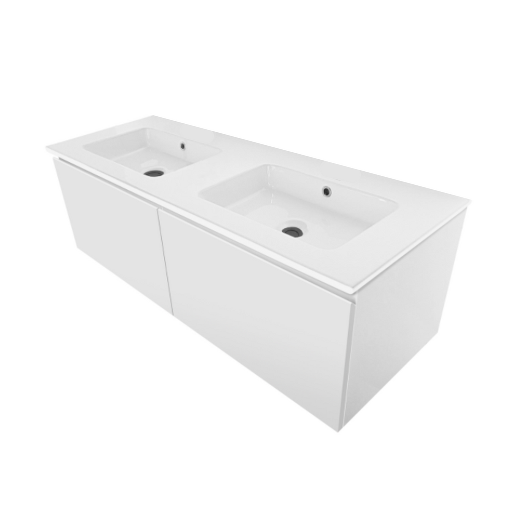 PLYWOOD 1200 WALL HUNG WHITE VANITY WITH DOUBLE BASIN CERAMIC TOP