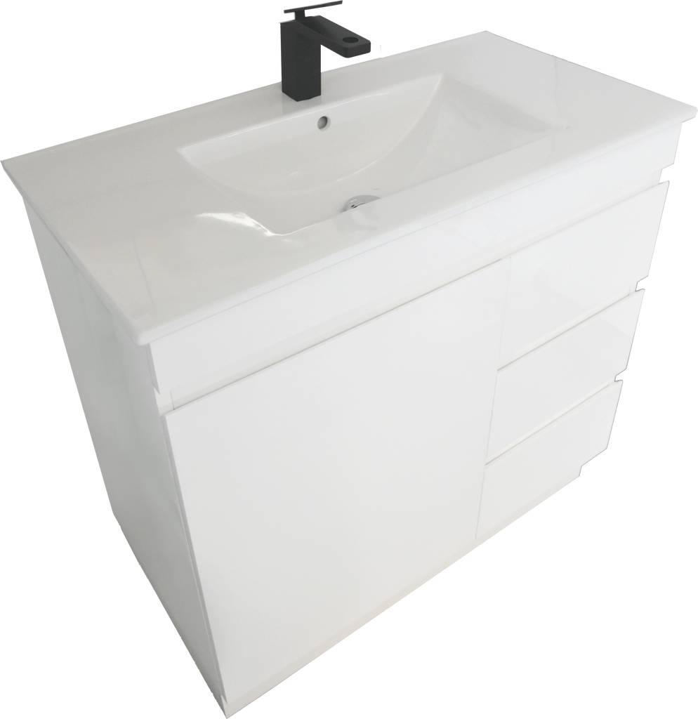 PLYWOOD 900 VANITY WHITE GLOSS FLOOR STANDING WITH CERAMIC TOP