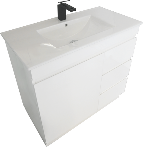 PLYWOOD 900 VANITY WHITE GLOSS FLOOR STANDING WITH CERAMIC TOP
