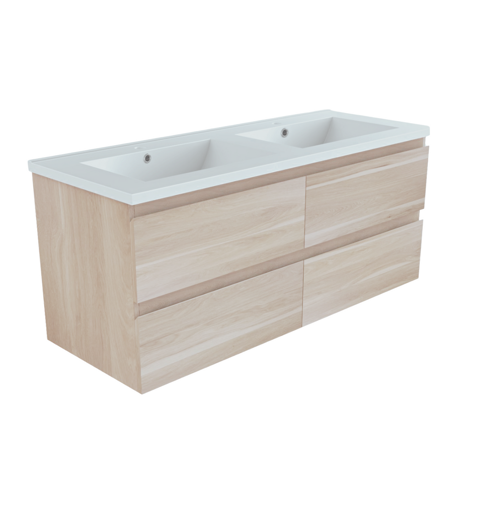 PLYWOOD 1200 WALL HUNG VANITY - LIGHT OAK WITH CERAMIC TOP DOUBLE BASIN