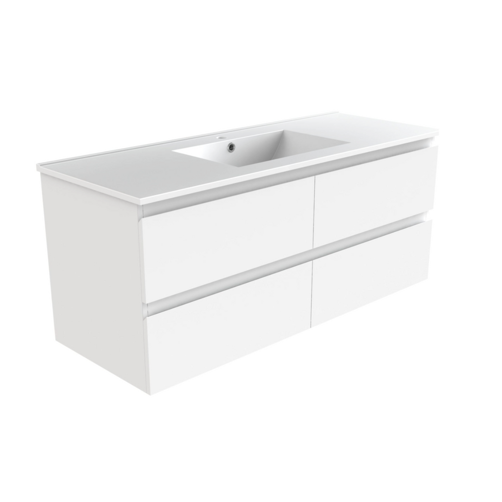 PLYWOOD 1200 WALL HUNG VANITY - WHITE WITH CERAMIC TOP SINGLE BASIN