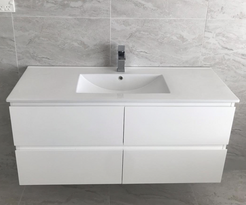 PLYWOOD 1500 WALL HUNG WHITE VANITY WITH SINGLE BASIN POLYMARBLE TOP
