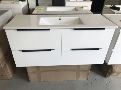 PLYWOOD 1200 WALL HUNG WHITE VANITY WITH SINGLE BASIN CERAMIC TOP - Bathroom Clearance
